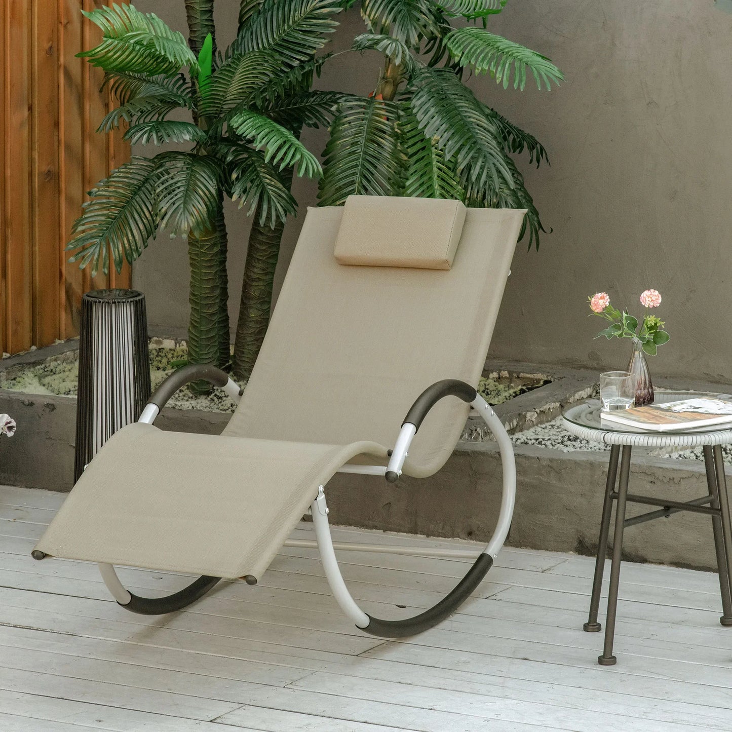 Sun Lounger Recliner Set; Aluminum Chaise Loungers with Head Cushion, Rocking Chair/Patio Chaise Lounger with Steel Frame