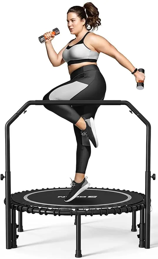 Fitness Trampoline with Bungees, U/T Shape Adjustable Foam Handle, Stable & Quiet Exercise Rebounder for Kids Adults Indoor