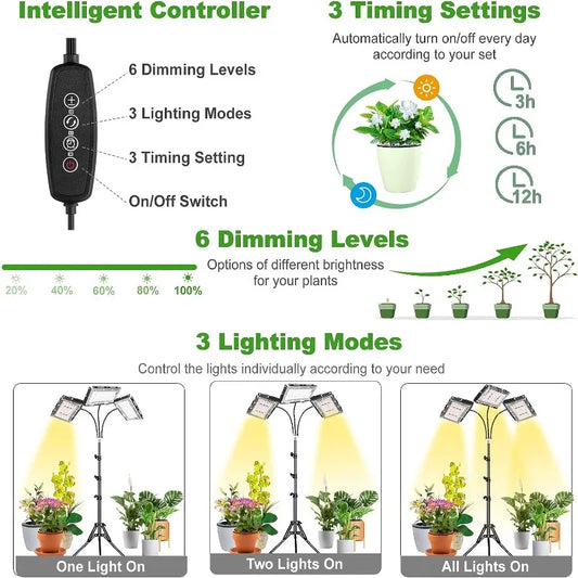 Grow Light with Stand, Tri-Head LED Plant Light for Indoor Plants, Full Spectrum 150 LEDs, 3/6/12H Timer, 6 Dimmable Levels,