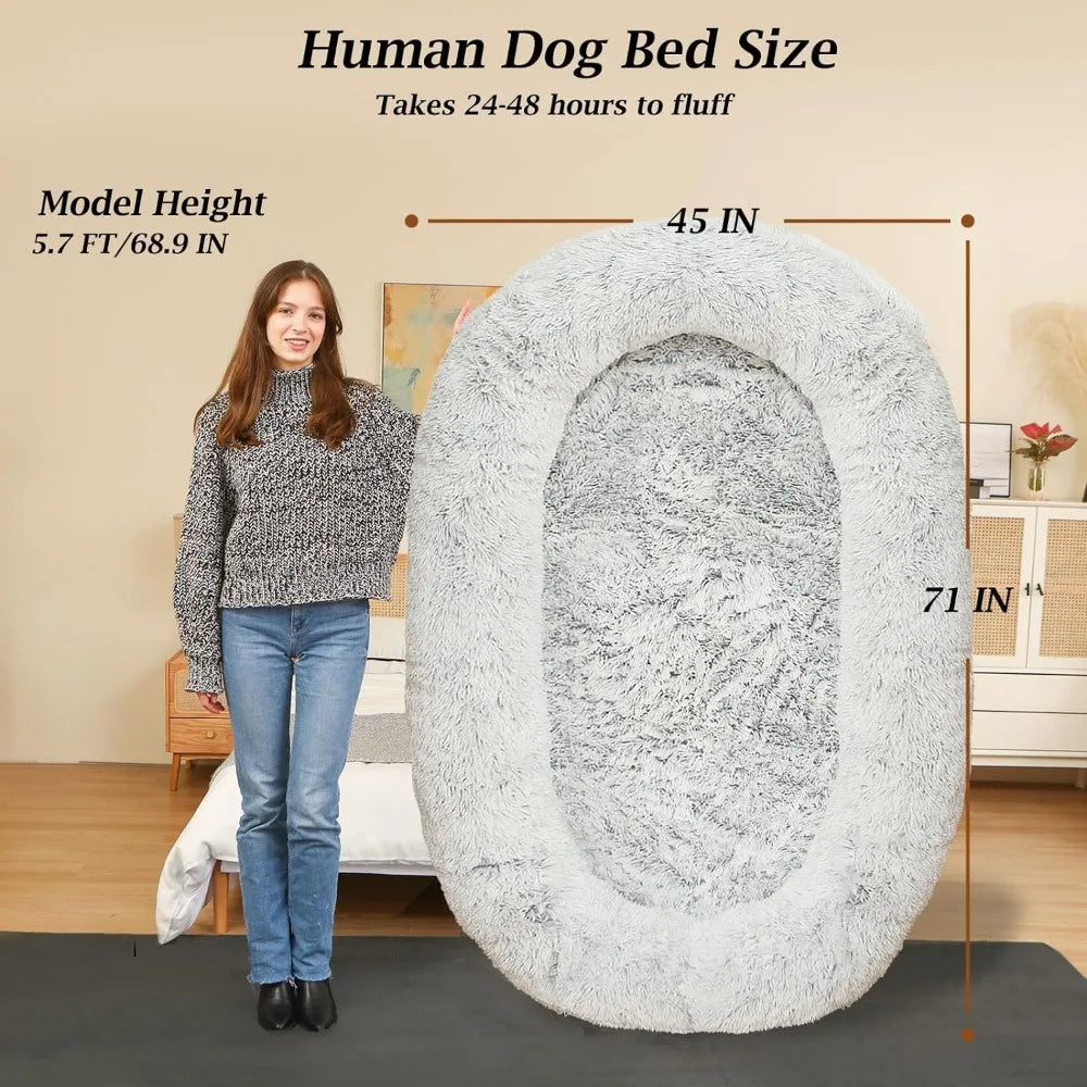 Big Dog Bed for Humans Napping With Blanket - Grey Faux Fur Plush Dog Bed for Human Adults