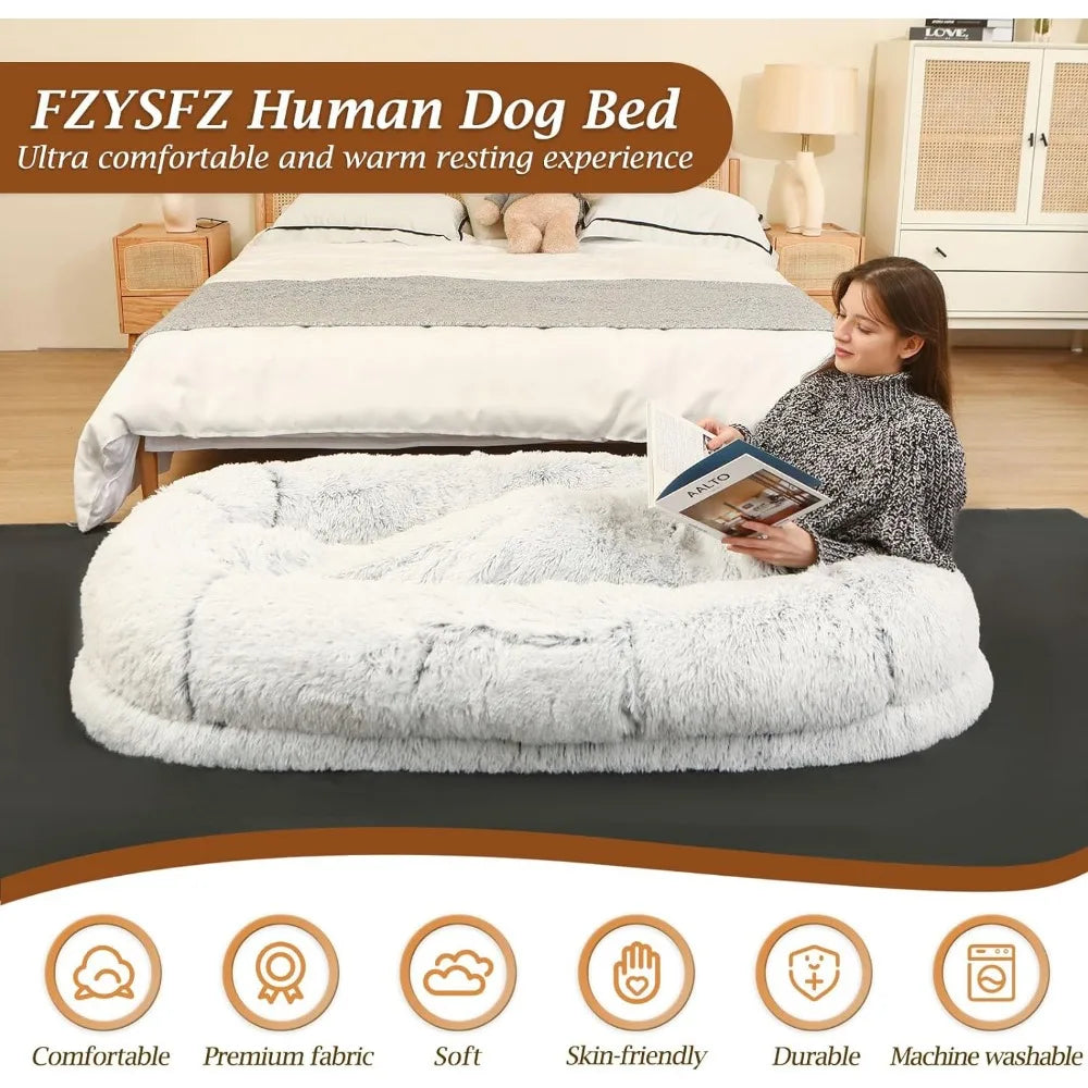 Big Dog Bed for Humans Napping With Blanket - Grey Faux Fur Plush Dog Bed for Human Adults