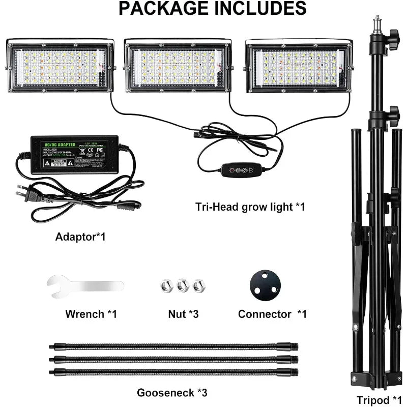 Grow Light with Stand, Tri-Head LED Plant Light for Indoor Plants, Full Spectrum 150 LEDs, 3/6/12H Timer, 6 Dimmable Levels,