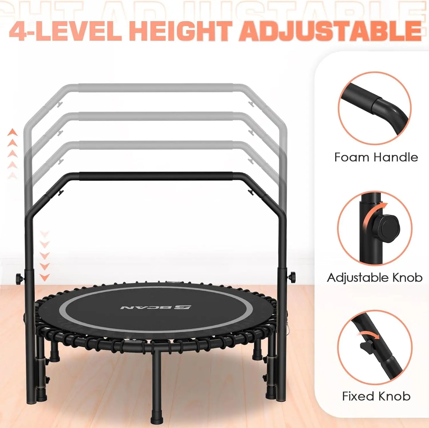 Fitness Trampoline with Bungees, U/T Shape Adjustable Foam Handle, Stable & Quiet Exercise Rebounder for Kids Adults Indoor